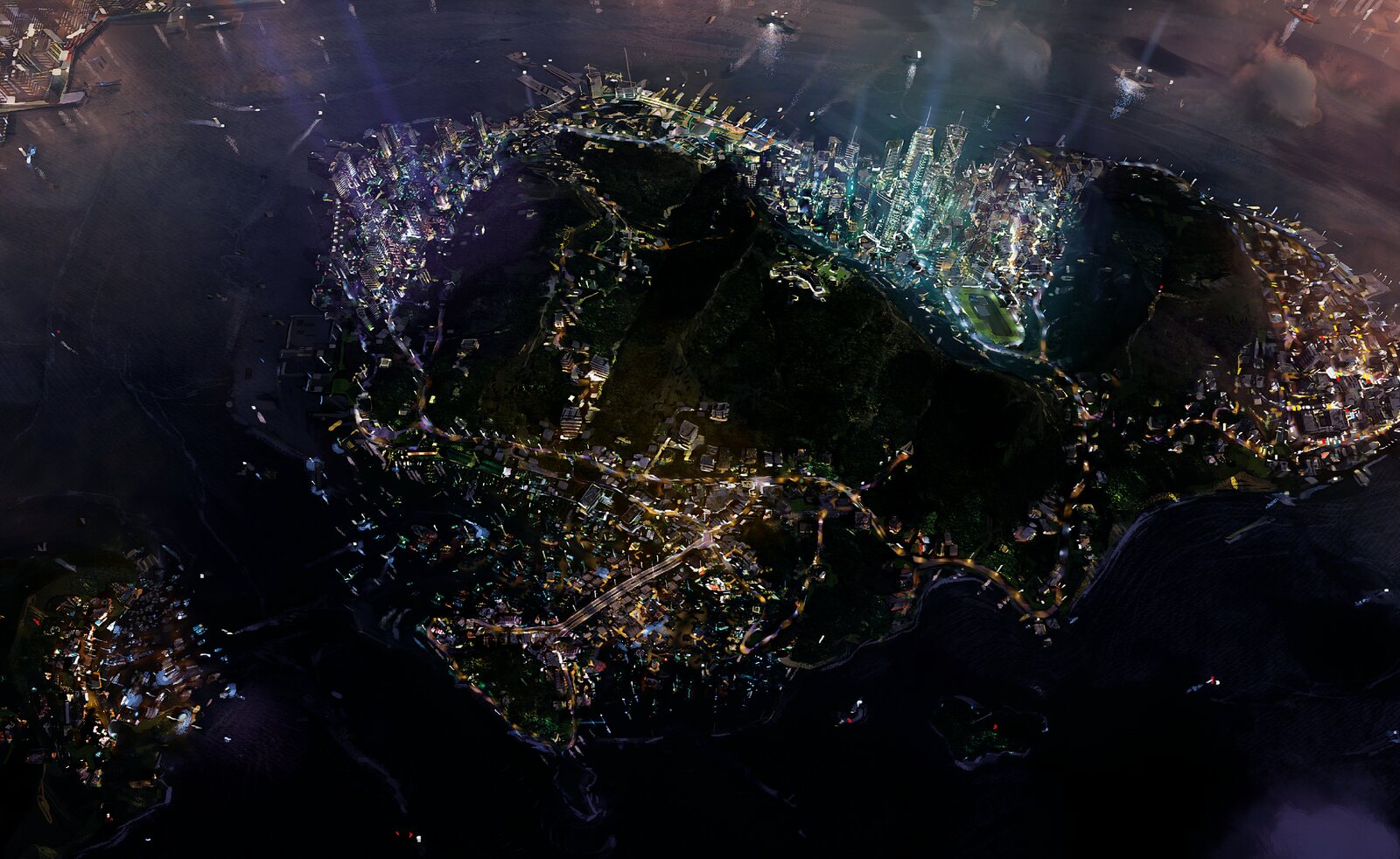 SDDE Artbook spread 01, nighttime aerial view of Hong Kong Island