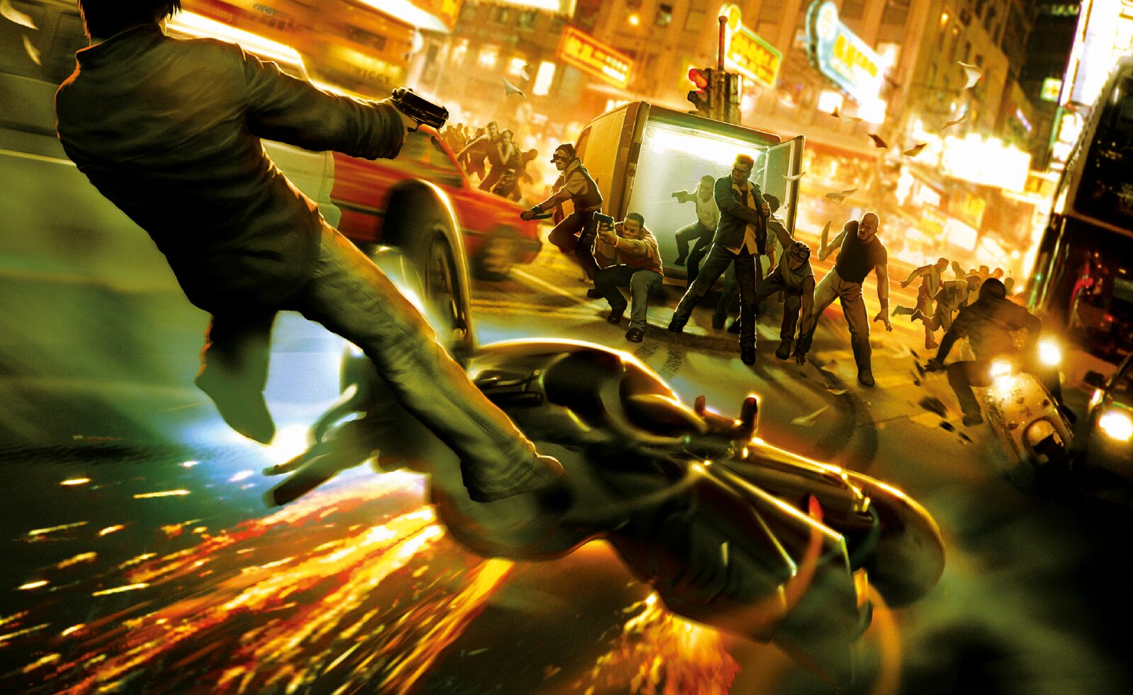 SDDE Artbook spread 02, motorcycle chase action painting