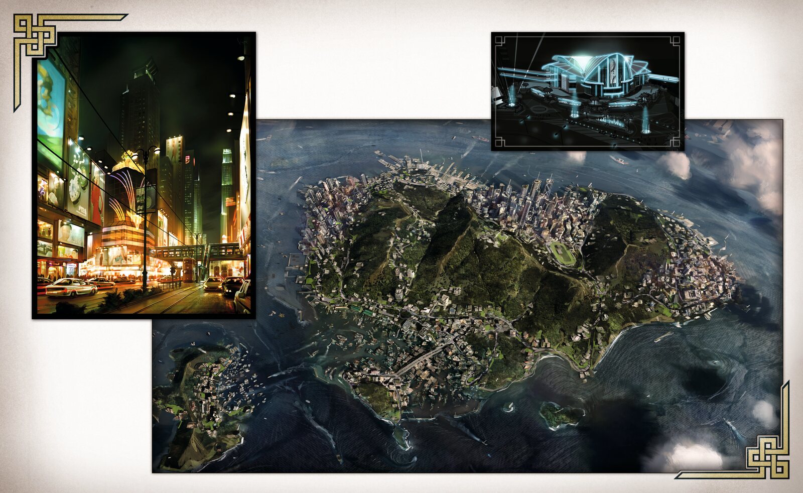 SDDE Artbook spread 03, world map with neon street and architecture concepts