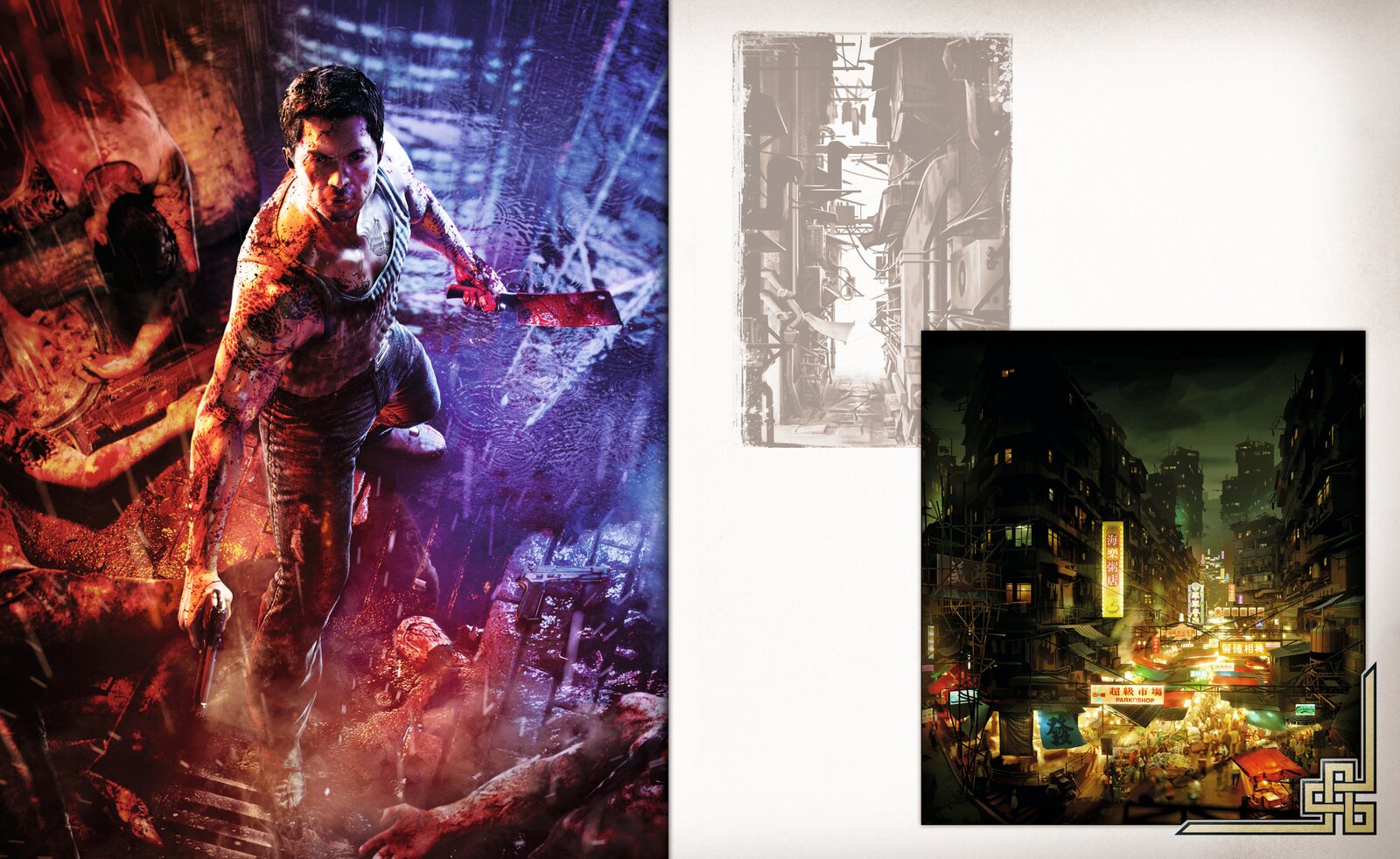 SDDE Artbook spread 04, Wei Shen key art and night market concepts