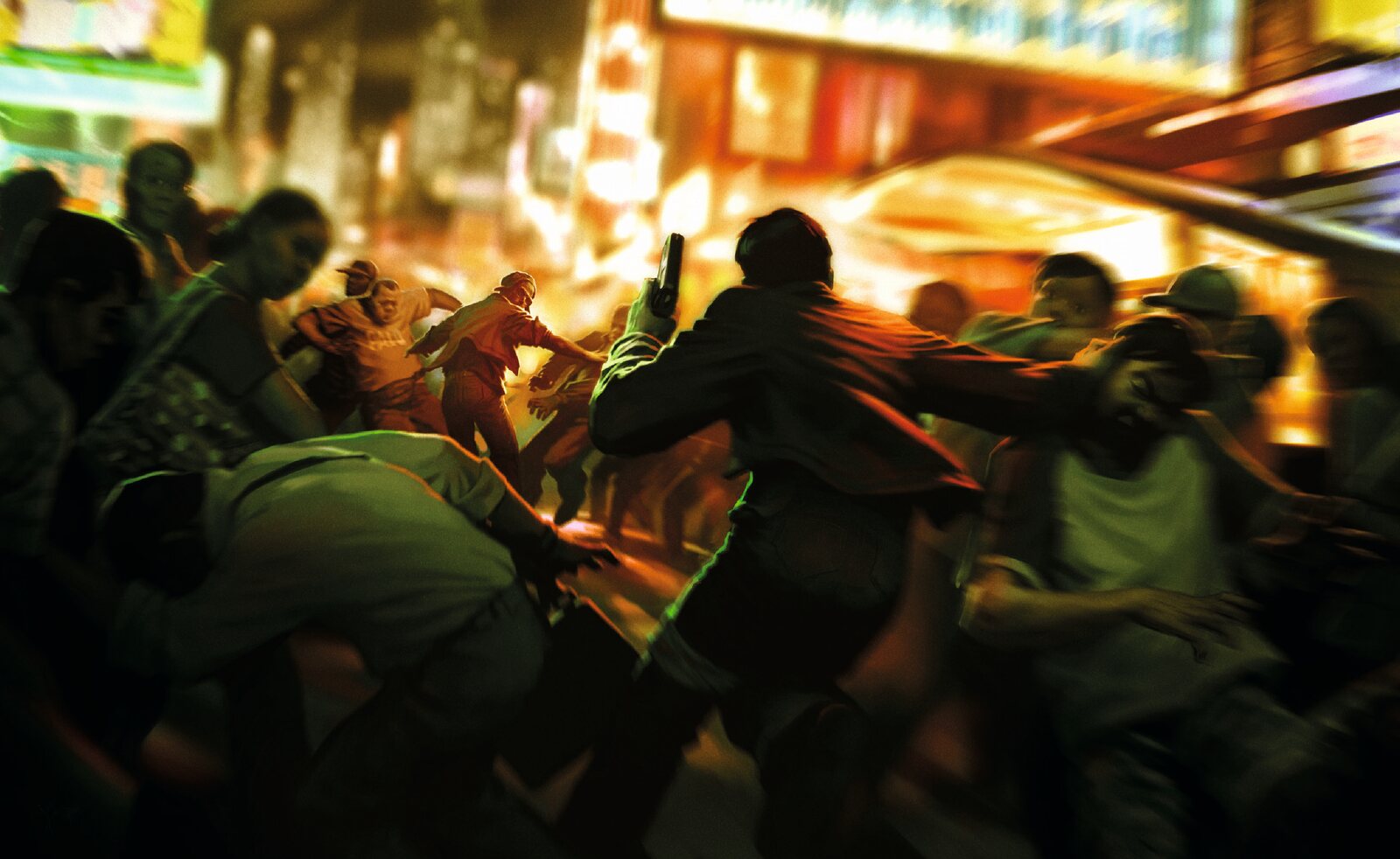 SDDE Artbook spread 06, night market gunfight action painting