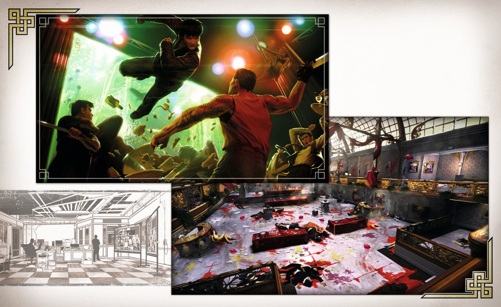 SDDE Artbook spread 07, nightclub fight, kitchen sketch and aftermath concept