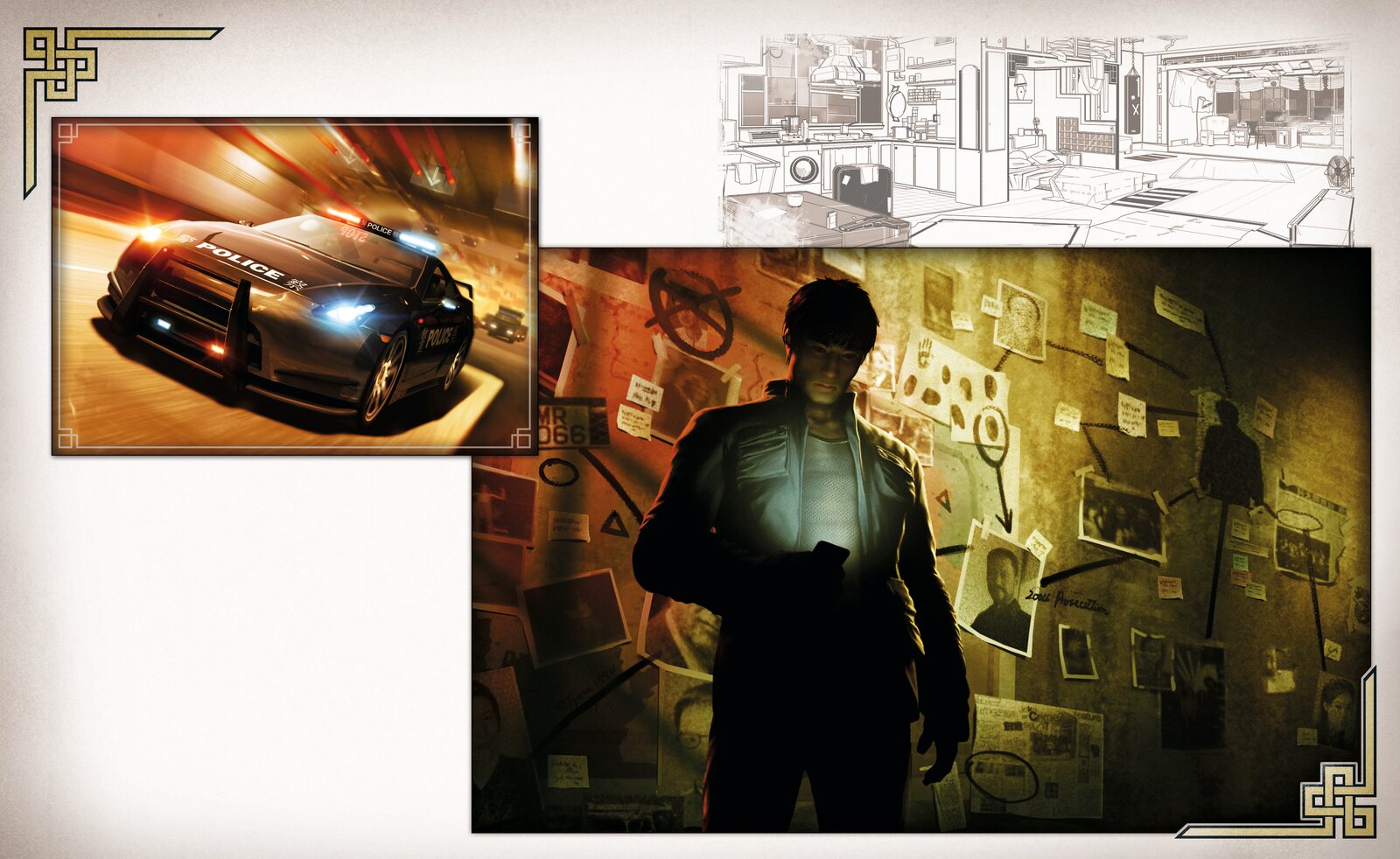 SDDE Artbook spread 09, police pursuit, safe house and Pendrew investigation concepts