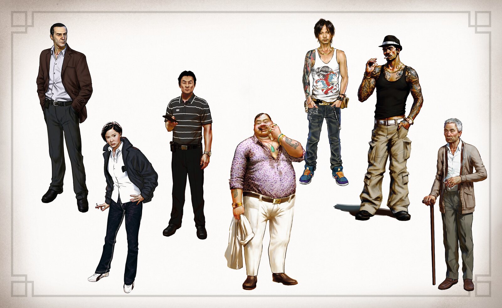 SDDE Artbook spread 10, male character concept lineup