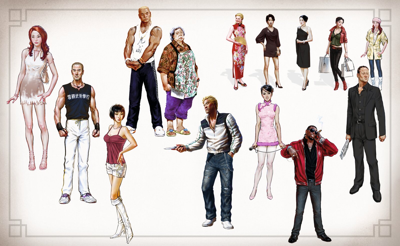 SDDE Artbook spread 11, supporting character concept lineup