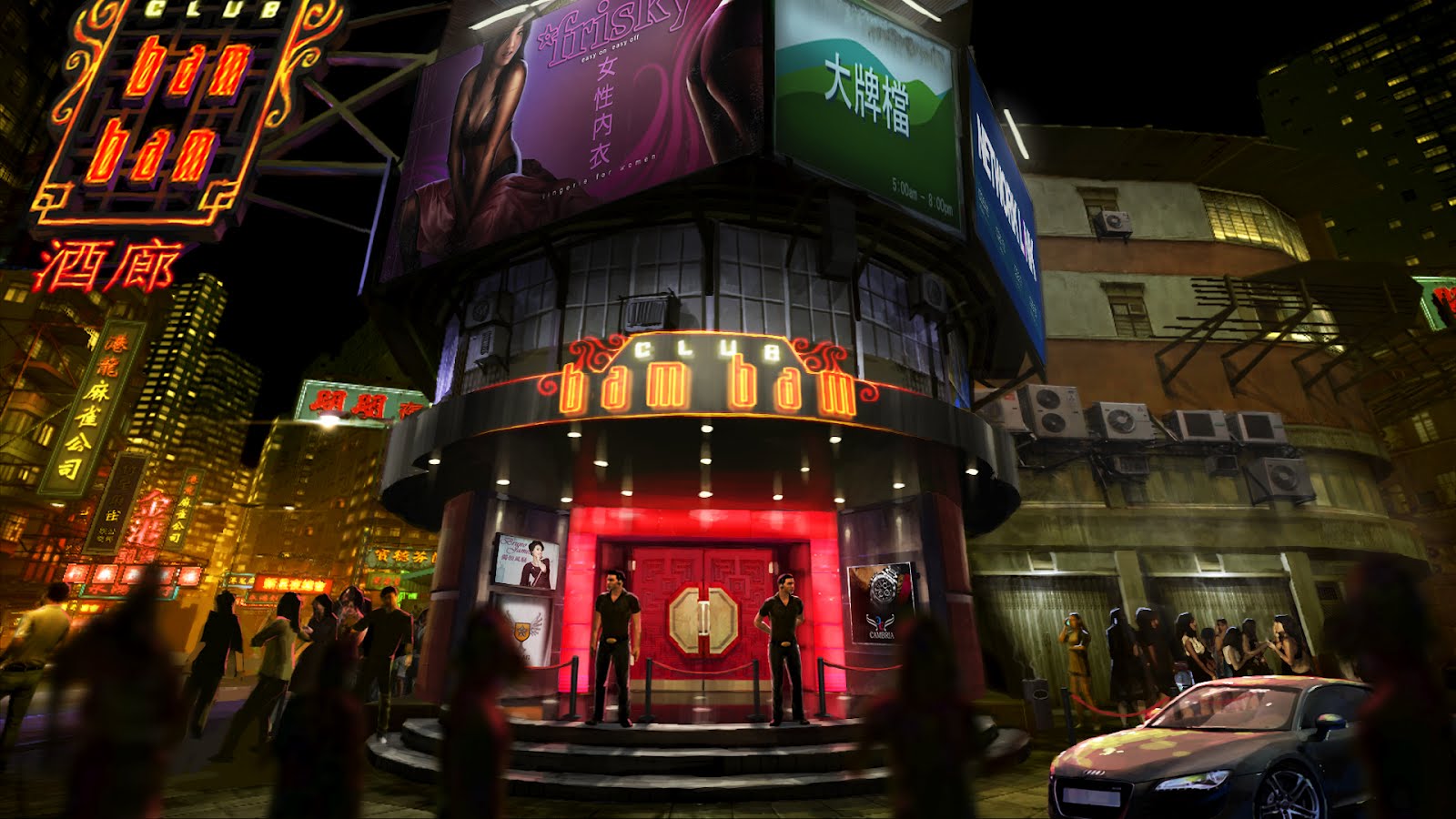 Sleeping Dogs concept art of the Club Bam Bam entrance on a neon Hong Kong street