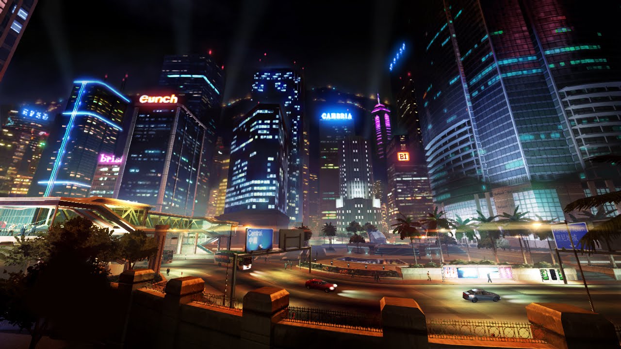 Sleeping Dogs concept art of the Central business district skyline at night
