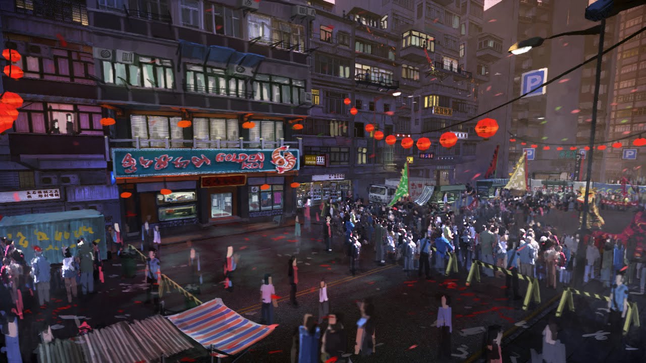 Sleeping Dogs concept art of the Golden Koi street with a large crowd