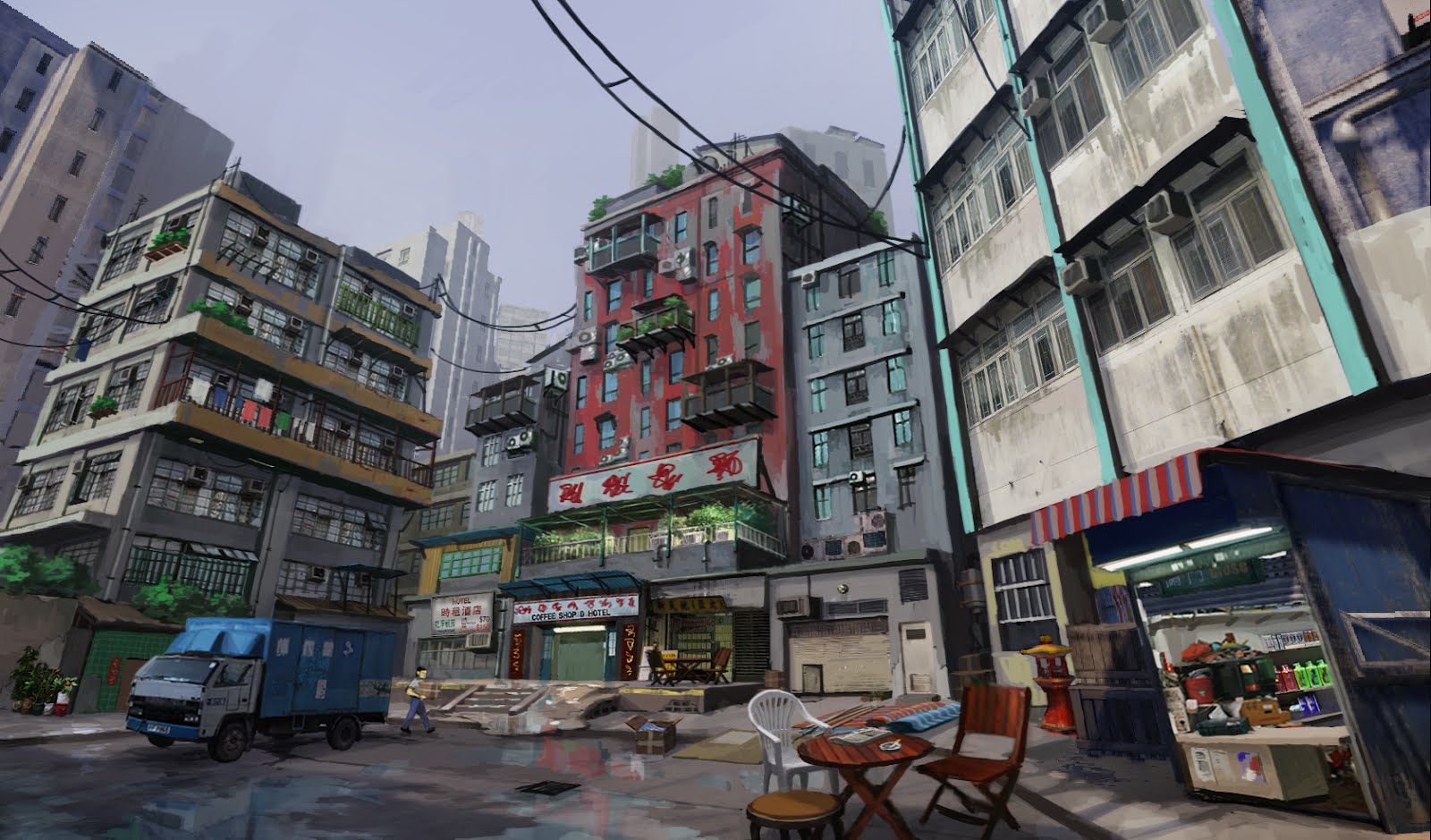 Sleeping Dogs concept art of a Hong Kong residential street in daylight